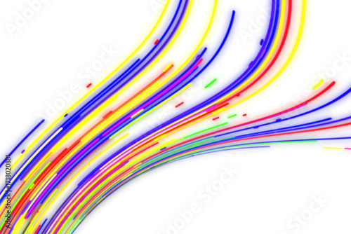 Chaotic bright neon energy flow of rainbow-striped waves, LED tape effect, vibrant lines, ideal for logos, advertisements, promotions, presentations, and technology designs, available in PNG format