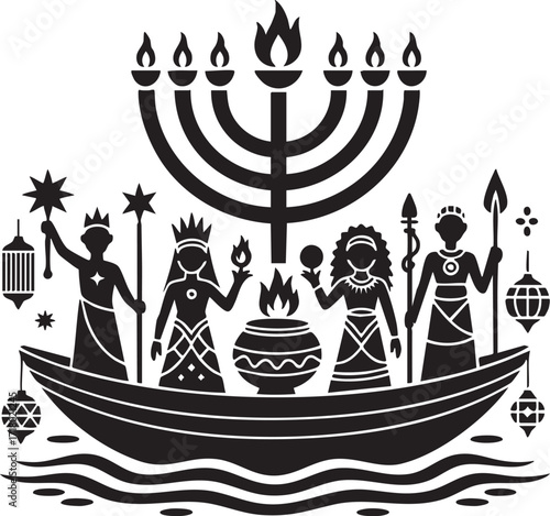 Lit Menorah and Royal Figures in Ceremonial Boat Silhouette