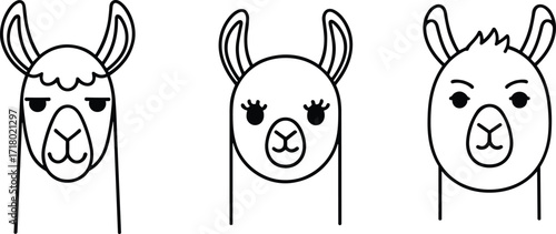 Cute llama faces, black and white outline illustration, adorable alpaca characters, simple vector clipart, cartoon animal design, minimalist drawing for coloring page.
