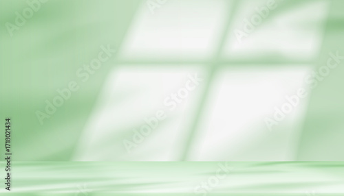 Green Background with Light,Shadow Window Frame on 3d green Podium Display for Spring Product Design,Vector Abstract minimalist stage mockup of  platform with wall interior studio