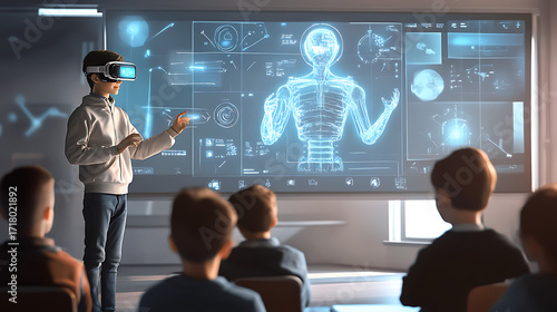 Human-AI cyborg teacher explaining digital concepts with augmented reality tools in a futuristic classroom 
