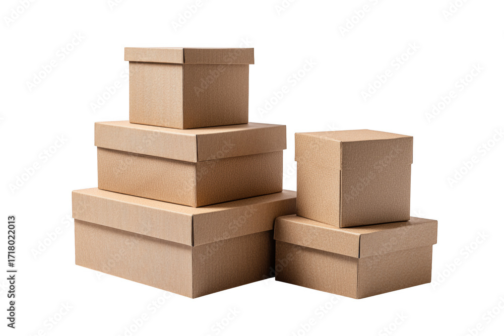 Fototapeta premium Stacked cardboard boxes of various sizes on a transparent background for packaging and storage