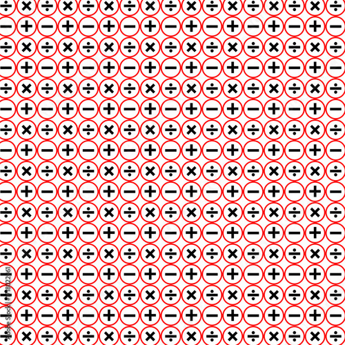 Seamless mathematical symbols pattern with plus minus multiplication and division signs in red circles on white background vector illustration