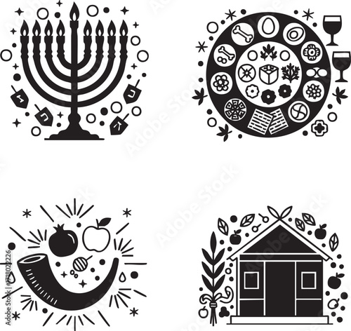 Jewish holidays icon set. Vector symbols for Hanukkah, Passover Seder, Sukkot, and Rosh Hashanah.