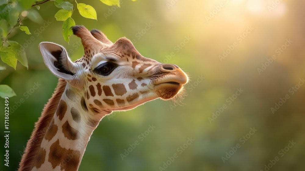Fototapeta premium A close-up of a giraffe's head against a soft, blurred background, capturing its unique coat patterns and expressive eyes, Ideal for educational materials, wildlife blogs, or conservation campaigns,