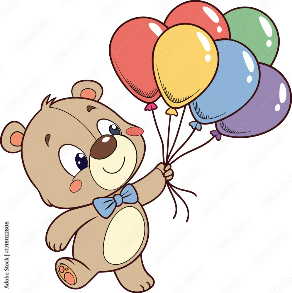 Fototapeta premium A cute, friendly teddy bear. The bear is brown with a light blue bow tie and is holding a bunch of six balloons in various colors: red, yellow, light blue, purple, and green. The teddy bear appears.