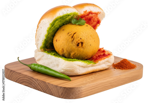 A delectable vada pav sandwich, showcased on a wooden board, features a vibrant yellow vada, creamy green chutney, and a dash of red chutney.