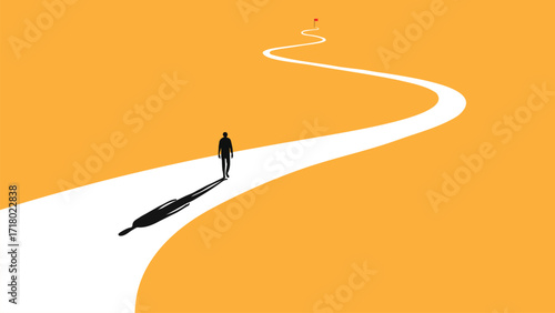 A man walking on a winding road towards the light at the end of the path