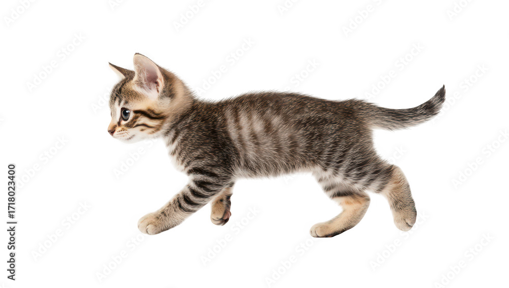 Obraz premium A playful tabby kitten gracefully trots across a clean white background. its lively spirit and curiosity. perfect for pet-related content and animal lovers