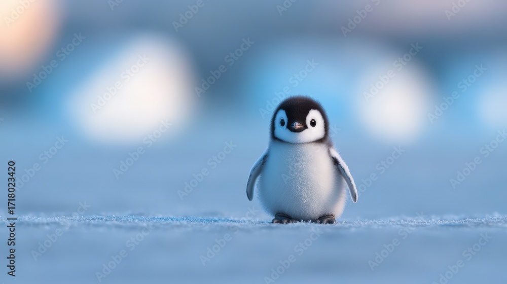 Fototapeta premium A cute young penguin stands on a snowy landscape, showcasing its fluffy plumage in a serene setting, This image can be used for nature documentaries, educational material, or children's content,