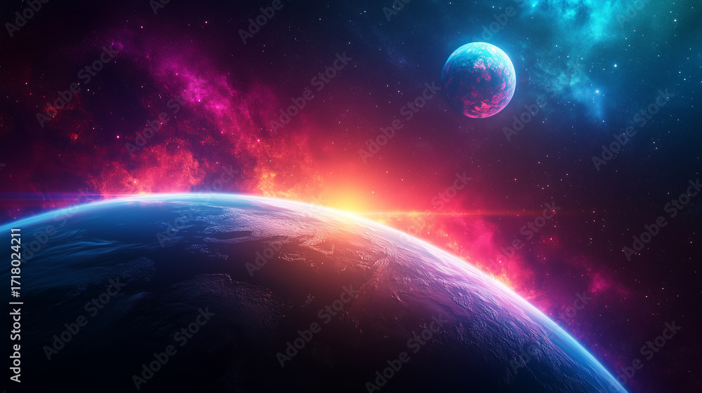 Fototapeta premium Space planets concept background. Sci-fi fantastic cosmic horizontal poster. Amazing cosmic wallpaper. AI artwork digital illustration.