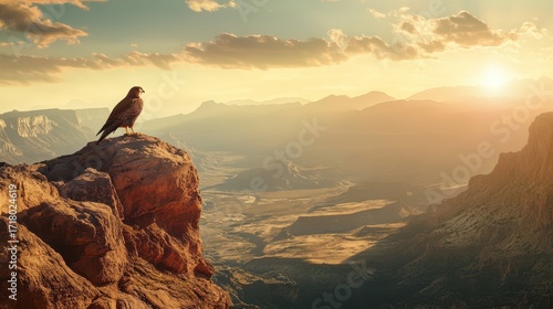 A majestic falcon perched on a rugged mountaintop, overlooking a breathtaking panoramic view.