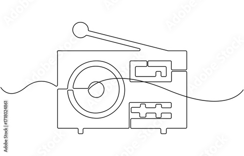 A simple line drawing of a radio with an antenna and knobs.