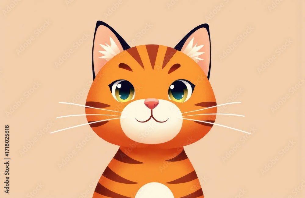 Obraz premium Cute cartoon tiger with bright eyes and friendly expression on beige background