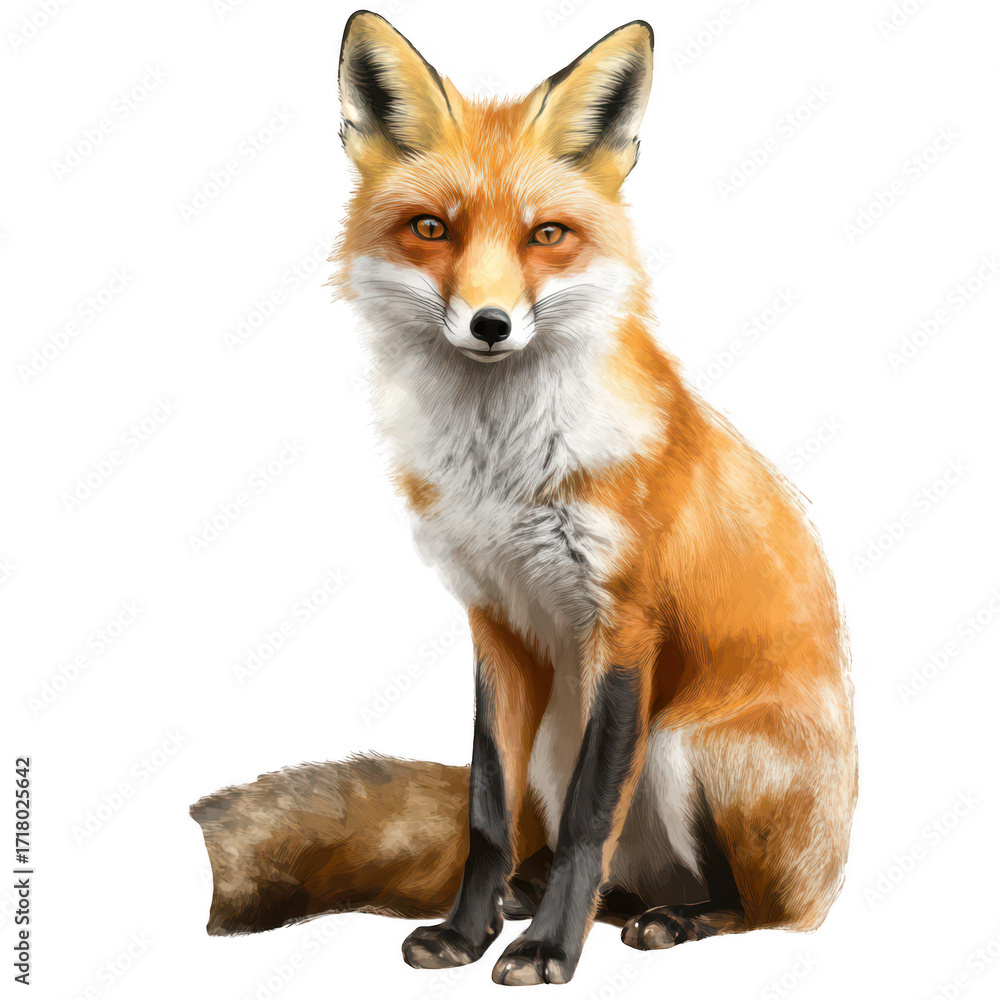 Fototapeta premium A realistic illustration of a sitting red fox with orange fur and distinct black markings. its keen expression against a plain white background. ideal for wildlife-themed projects