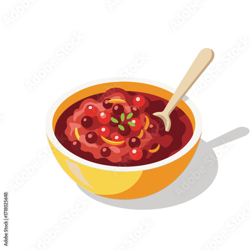 Bowl of berry jam with spoon and fresh herbs on white background  