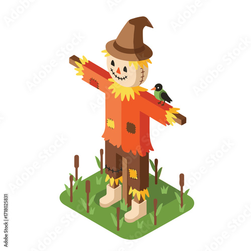 Colorful scarecrow standing in field with bird perched on arm  