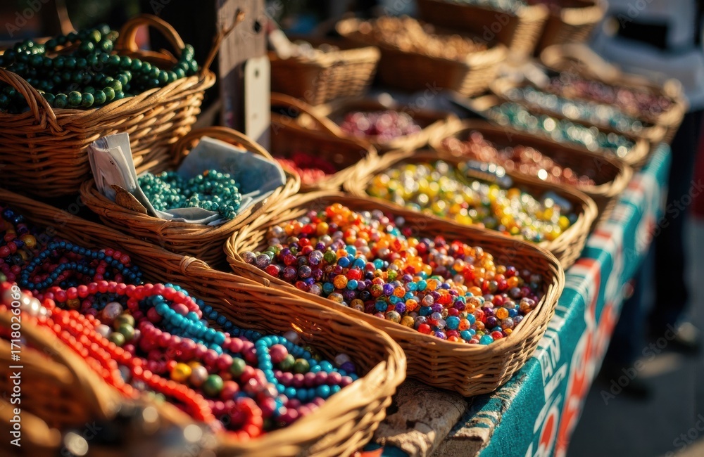 Fototapeta premium Colorful beads displayed in wicker baskets at an outdoor market stall