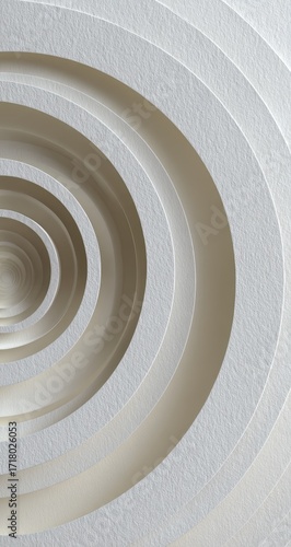 Abstract concentric circles of layered white paper.  Close-up view of a repeating pattern of diminishing circles, creating a sense of depth and dimension.  The paper's texture is subtly visible