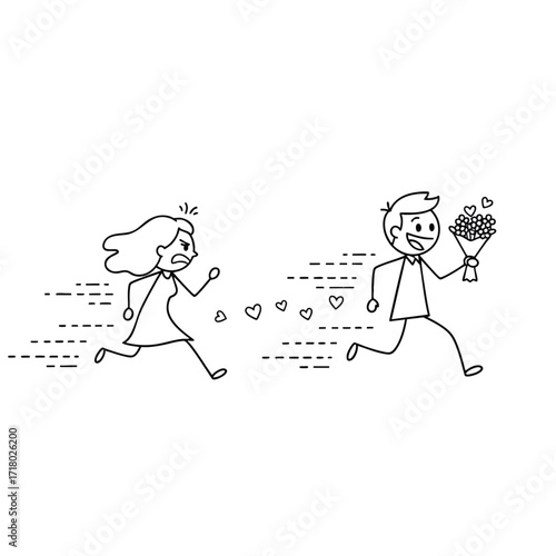 A cartoon man with a bouquet of flowers happily chases a reluctant woman in a funny handdrawn doodle.