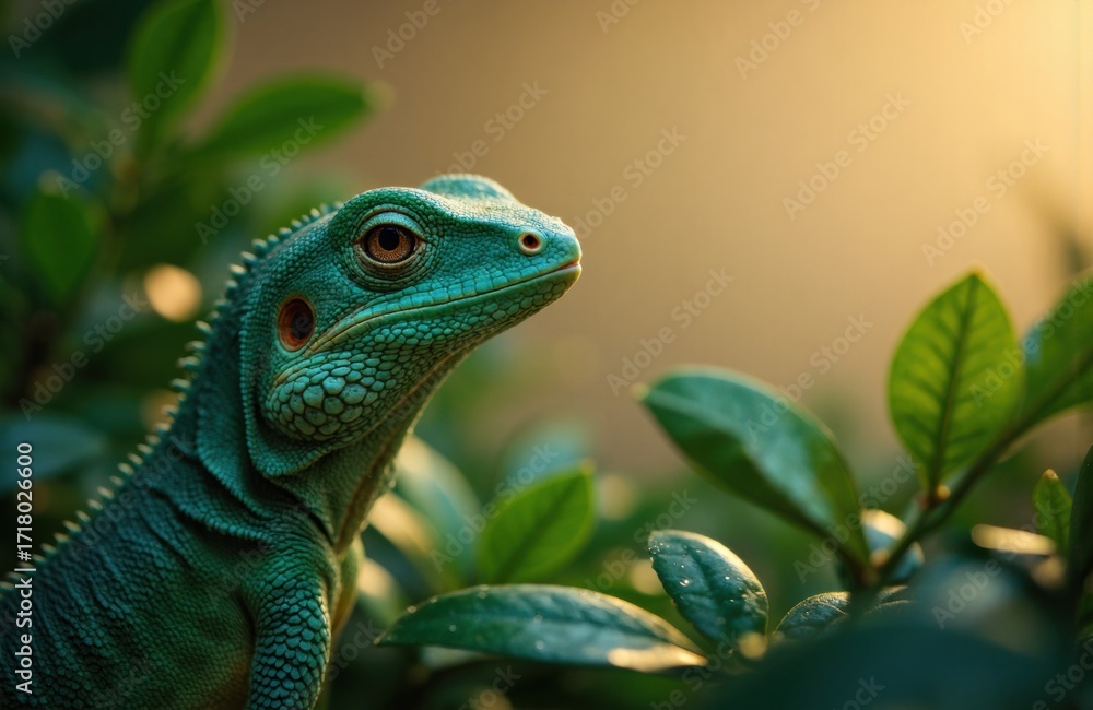 Fototapeta premium Woman observing a vibrant green iguana among lush foliage in natural sunlight