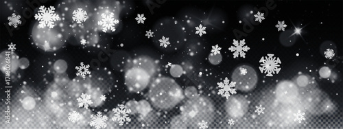 Winter transparent background with abstract snowflakes and overlay bokeh. Snowstorm or blizzard on a dark backdrop. Vector pattern for seasonal, holiday, and New Year banners.