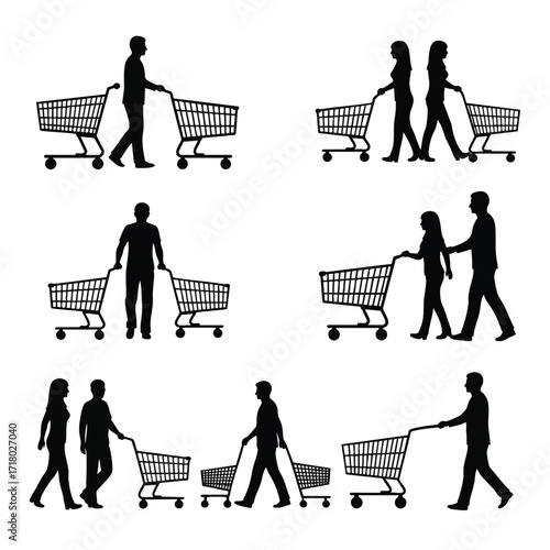A collection of black silhouettes showing various people shopping with grocery carts.