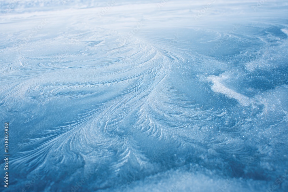 Obraz premium Ice patterns on a frozen surface. Delicate, swirling frost formations on a light-blue ice sheet