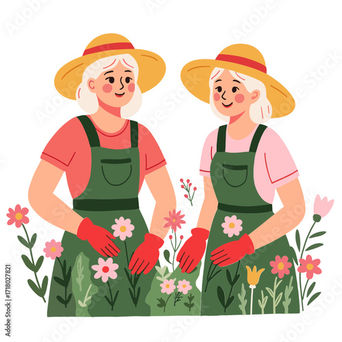 Senior women in garden. Elderly ladies enjoying flowers outdoors. Older women gardening together. Retired friends spending time in garden. Elderly set
