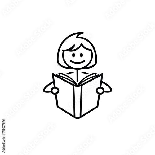 A cute cartoon stick figure of a smiling girl with a bob haircut reading an open book.