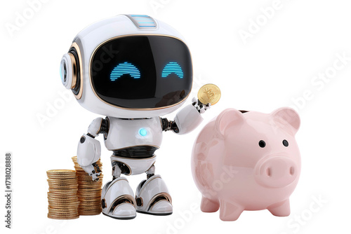 A smiling futuristic 3D robot places a gold coin into a piggy bank. Concepts include thrift, financial savings, investments, cryptocurrency, and digital technologies in banking. PNG