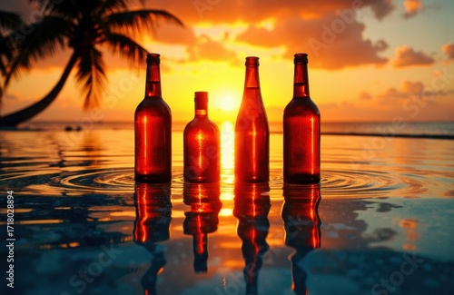 Four glass bottles stand in water against a vibrant sunset sky with palm trees in the background