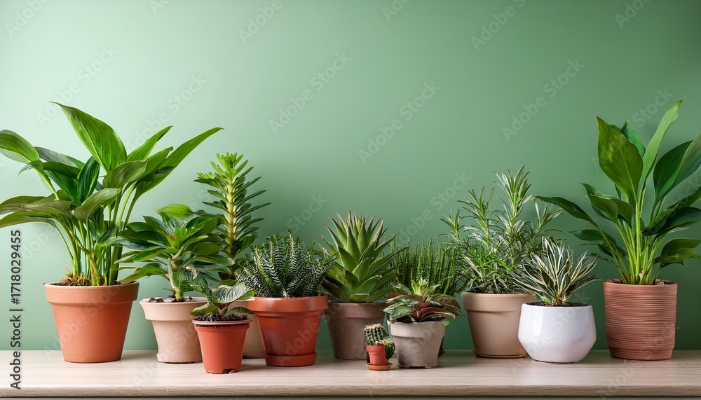 Fototapeta premium Varied Indoor Potted Plants Against A Light Green Background