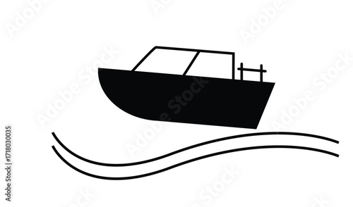 Simple black silhouette of a speedboat on wavy water