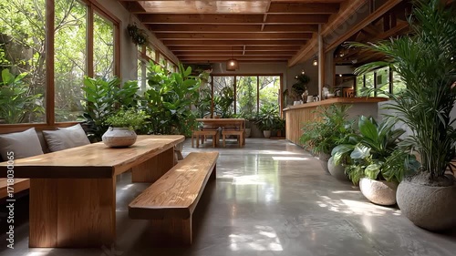 Sunlight Shines on Comfortable Leisure Space Surrounded by Green Plants
