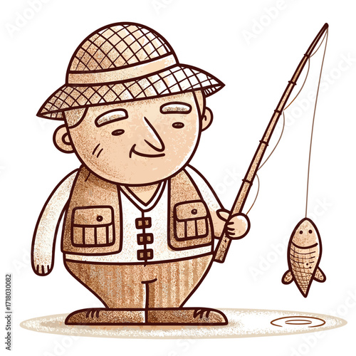 Cartoon man smiling while fishing with a catch in a playful style  