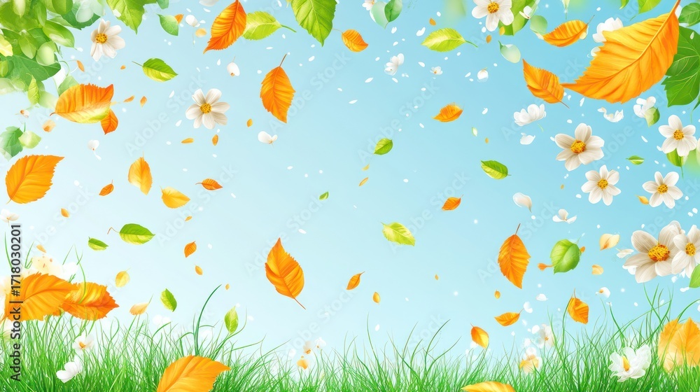 Naklejka premium Autumn leaves falling on grass