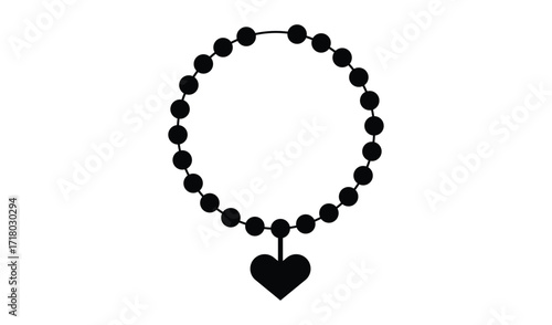 Black silhouette of a rosary with a heart pendant