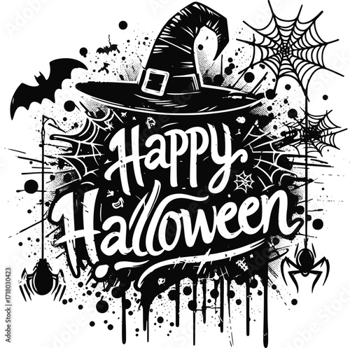 A bold Halloween artwork featuring a carved pumpkin, tangled webs, swirls, and bats set against a gritty black and orange splash. Energetic, decorative design suitable for holiday