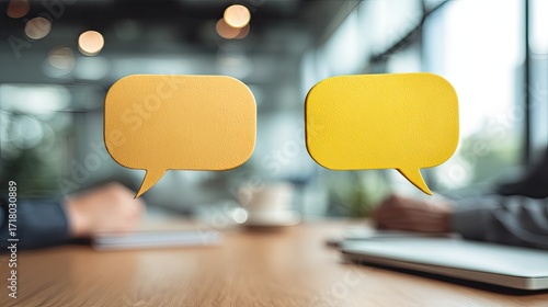 Two yellow speech bubbles on a wooden table with a blurred background.