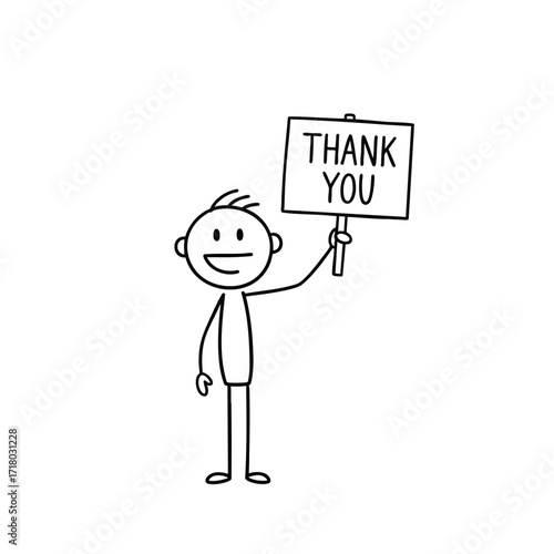 A simple handdrawn stick figure smiling and holding a Thank You sign.