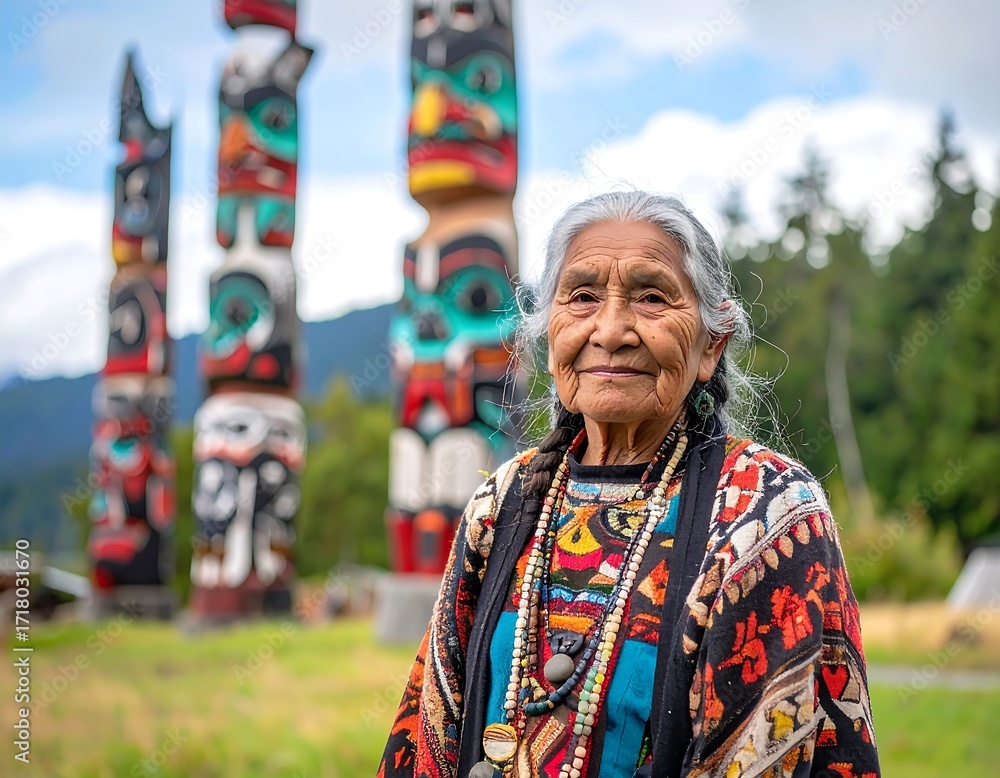 Fototapeta premium Elder woman in traditional attire stands before totem poles