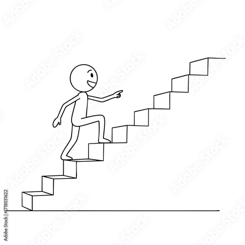 A smiling stick figure cartoon character walking up a flight of stairs pointing forward with optimism.