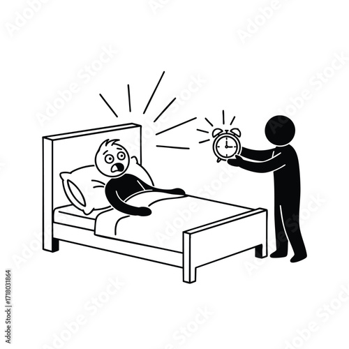 A stick figure is shocked awake in bed by another person holding a loud ringing alarm clock.