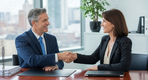 Wallpaper Mural Smiling man and woman shaking hands at desk in a modern office setting. Concept for partnership agreement, business negotiation and client relationship management Torontodigital.ca