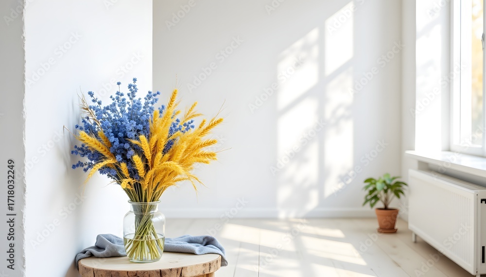 Fototapeta premium The white textured wall serves as a perfect backdrop for the striking contrast between the vibrant blue and sunny yellow wheat stalks arranged in a harmonious bouquet