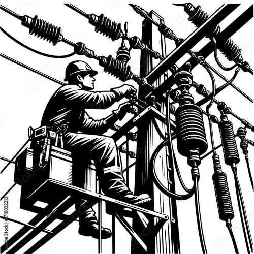 Electrician at Work: A skilled electrician diligently works on a network of power lines, showcasing the crucial role of electrical service, and power supply in a monochrome setting.