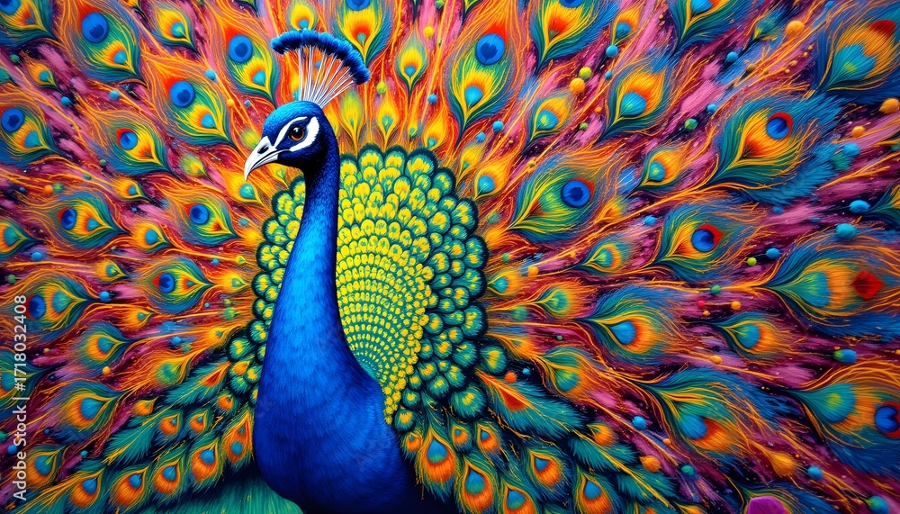Fototapeta premium The peacock on the wall was a stunning display of vibrant colors, with its feathers cascading out in intricate patterns and swirls, capturing the essence of the majestic bird in all its glory.