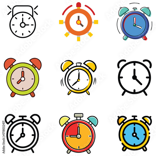 Collection of cartoon alarm clocks in various colors and style. Alarm Clock Icon.