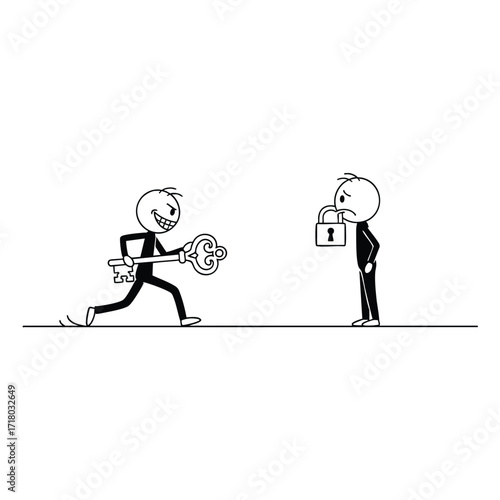 Cartoon of a man running with a key leaving another person silenced with a padlock.